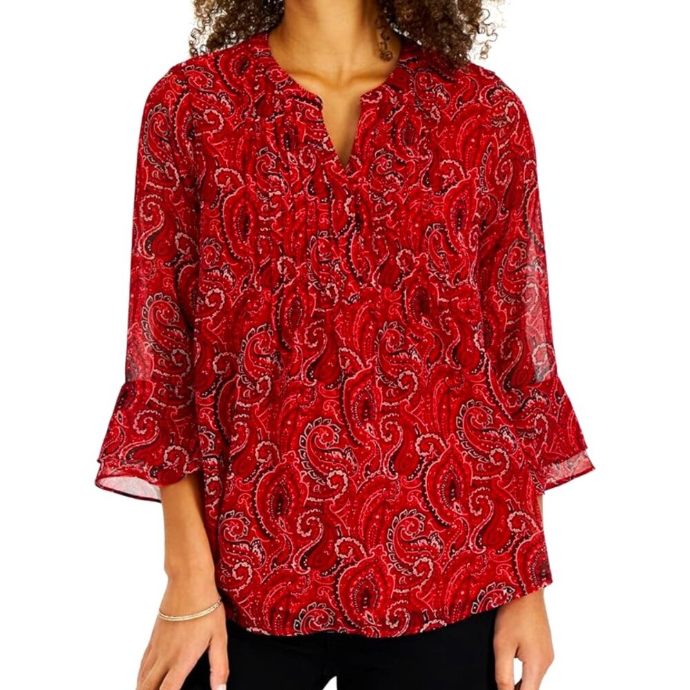 NEW! Charter Club Damask Pleated Top Red 3/4th Sleeves Paisley PS MSRP: $69.50